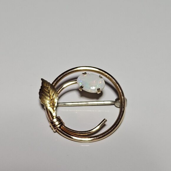 *Sale* Vintage Krementz Circle Leaf 14K Gold Filled Real Fire Opal Small Brooch - Picture 10 of 10